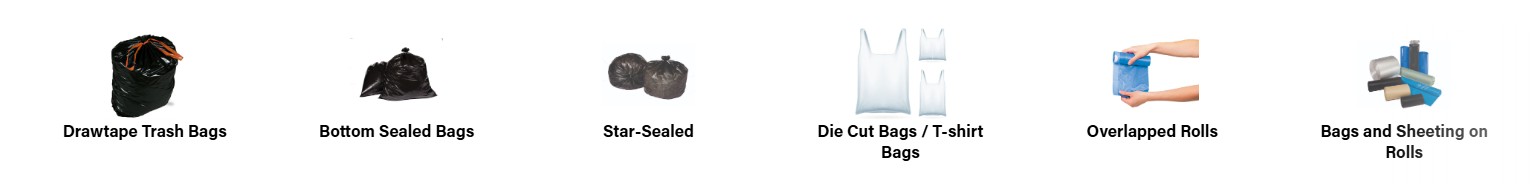 Icon strip of six bag categories: Drawtape Trash Bags, Bottom Sealed Bags, Star-Sealed, Die Cut Bags / T‑shirt Bags, Overlapped Rolls, Bags and Sheeting on Rolls